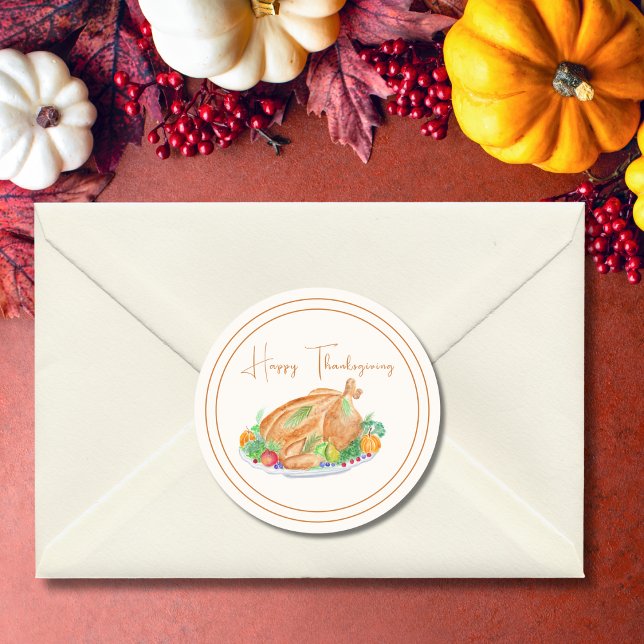 Sticker Rond Dinde de Thanksgiving aquarelle joyeuse  (Créateur téléchargé)