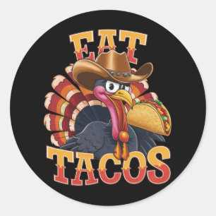 Sticker Rond Dinde de Thanksgiving Manger des Tacos  Drôle Mexi