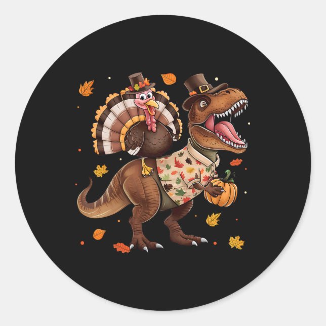 Sticker Rond Dinde drôle chevauchant le dinosaure T Rex Thanksg (Devant)