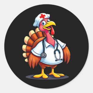 Sticker Rond Dinde drôle infirmière dessin animé Thanksgiving i