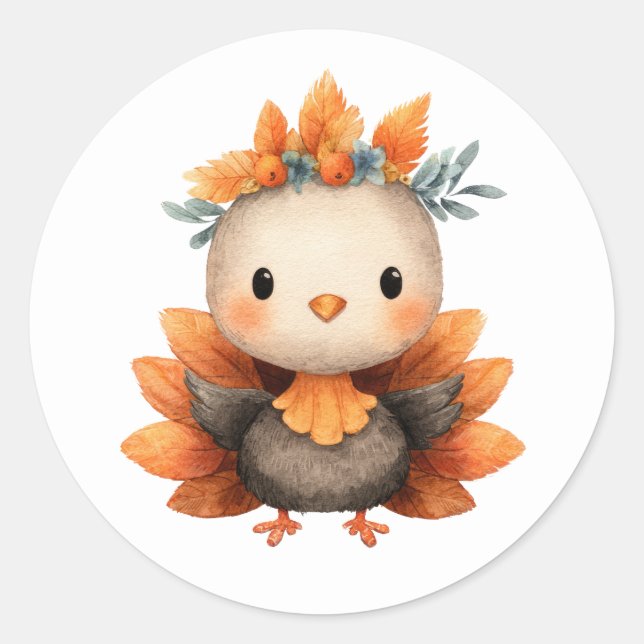 Sticker Rond Dinde miniature mignonne de Thanksgiving à l'aquar (Devant)