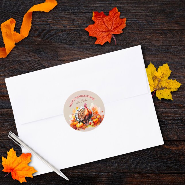 Sticker Rond Dindon de Thanksgiving et citrouilles à l'aquarell (Créateur téléchargé)