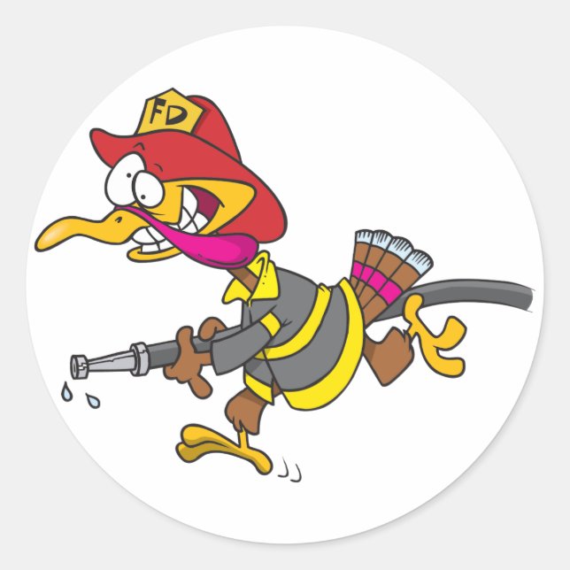 Sticker Rond Dindon Pompier avec Tuyau (Devant)