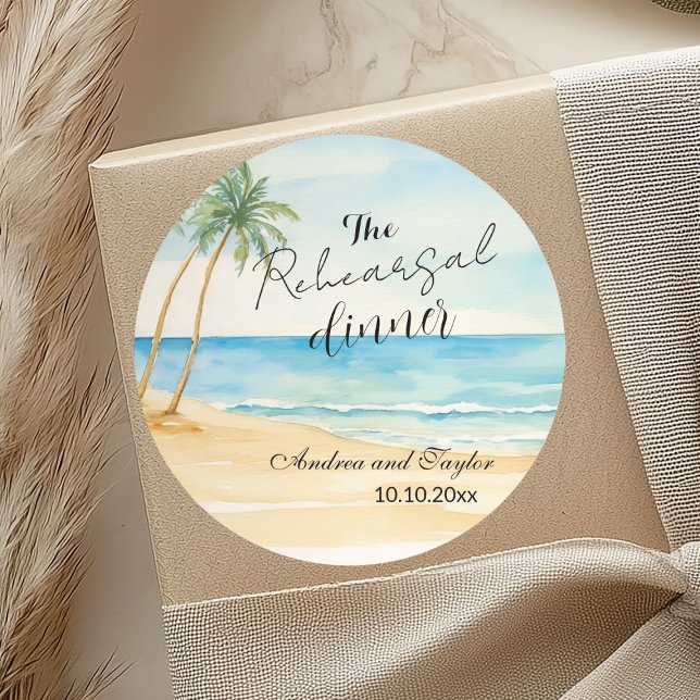 Sticker Rond Dîner de répétition Plage et Palm Trees Mariage (Créateur téléchargé)