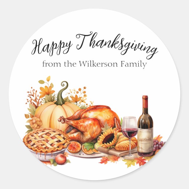 Sticker Rond Dîner de Thanksgiving à l'aquarelle (Devant)