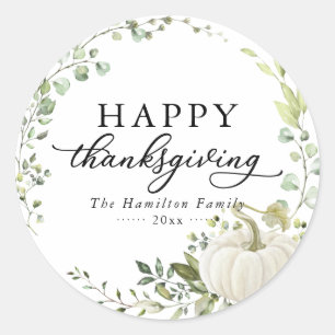 Sticker Rond Dîner de Thanksgiving Citrouille Eucalyptus Verdur