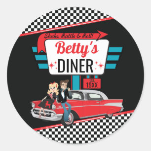 Sticker Rond Diner rétro 1950 Black & Red Sock Hop