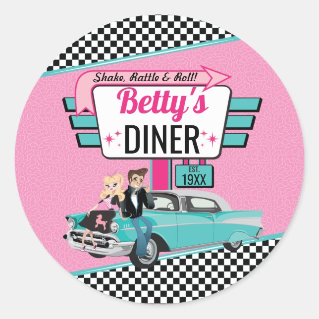 Sticker Rond Diner rétro 1950 rose et sock hop Turquoise (Devant)
