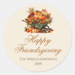 Sticker Rond Dîner Rustique de Friendsgiving avec Citrouille et
