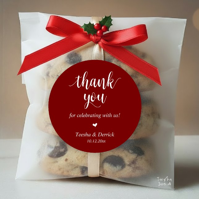 Sticker Rond Dîner Rustique moderne Mariage Merci Cadeaux (Modern Rustic Wedding Dinner Thank You Gifts Classic Round Sticker cute heart Burgundy Deep Red Wine)