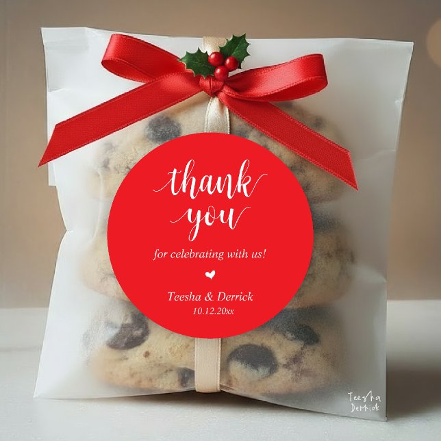Sticker Rond Dîner Rustique moderne Mariage Merci Cadeaux (Modern Rustic Wedding Dinner Thank You Gifts Classic Round Sticker cute heart Bright Red)