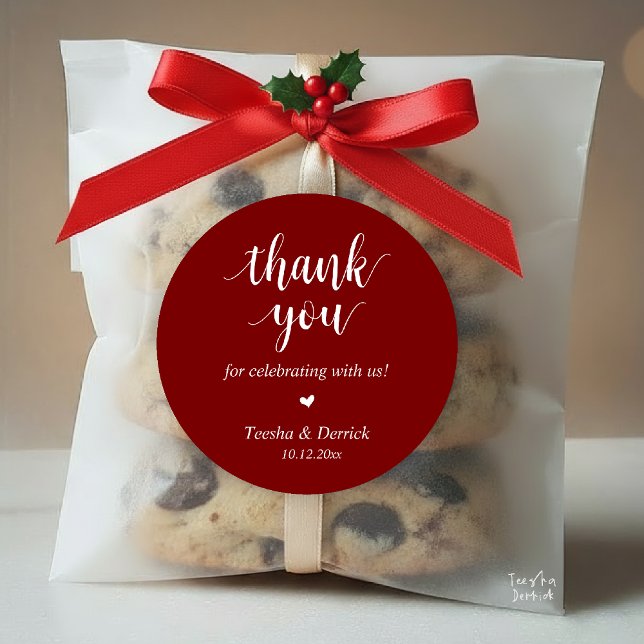 Sticker Rond Dîner Rustique moderne Mariage Merci Cadeaux (Modern Rustic Wedding Dinner Thank You Gifts Classic Round Sticker cute heart Burgundy Deep Red Wine)