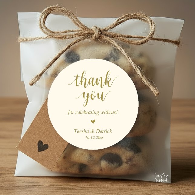 Sticker Rond Dîner Rustique moderne Mariage Merci Cadeaux (Modern Rustic Wedding Dinner Thank You Gifts Classic Round Sticker cute heart Yellow Gold)
