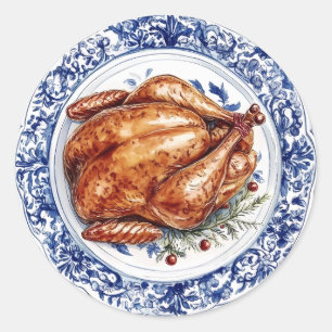 Sticker Rond Dîner turc sur une plaque de Chinoiserie bleue