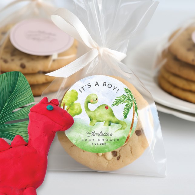 Sticker Rond Dino Delight Baby shower C'est un garçon classique (Créateur téléchargé)