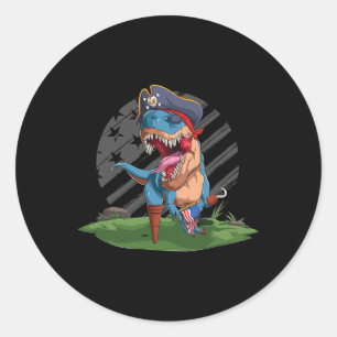 Sticker Rond Dino Dino Pirate Us American Flag Independence Da