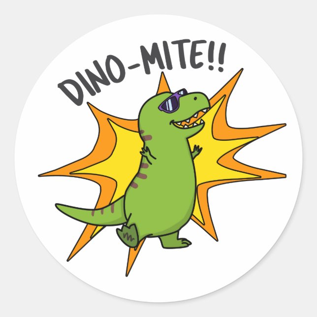Sticker Rond Dino-mite Funny TRex Dinosaur Pun (Devant)