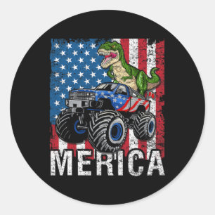 Sticker Rond Dino Monstre Camion Drapeau Américain 4 Juillet