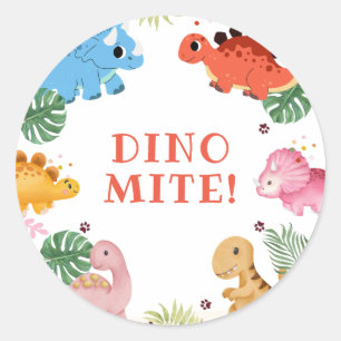Sticker Rond Dino Party Cute Dinosaur fête d'anniversaire