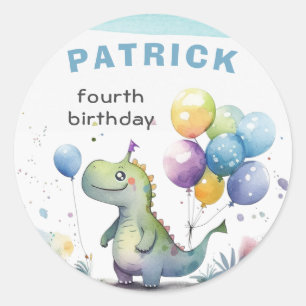 Sticker Rond Dino Party Watercolor Boy Blue Anniversaire