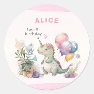 Sticker Rond Dino Party Watercolor Girl rose Anniversaire