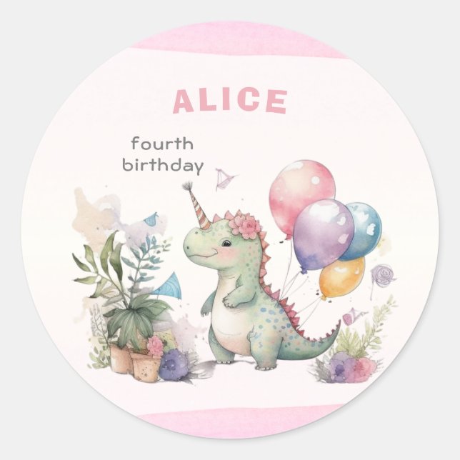 Sticker Rond Dino Party Watercolor Girl rose Anniversaire (Devant)