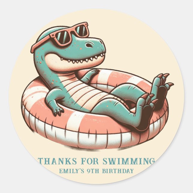 Sticker Rond Dino Pool Party Anniversaire (Devant)