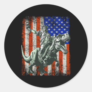 Sticker Rond Dino Statue De La Liberté Riding Dinosaur