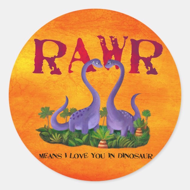 Sticker Rond Dinos mignons et romantiques - Rawr (Devant)