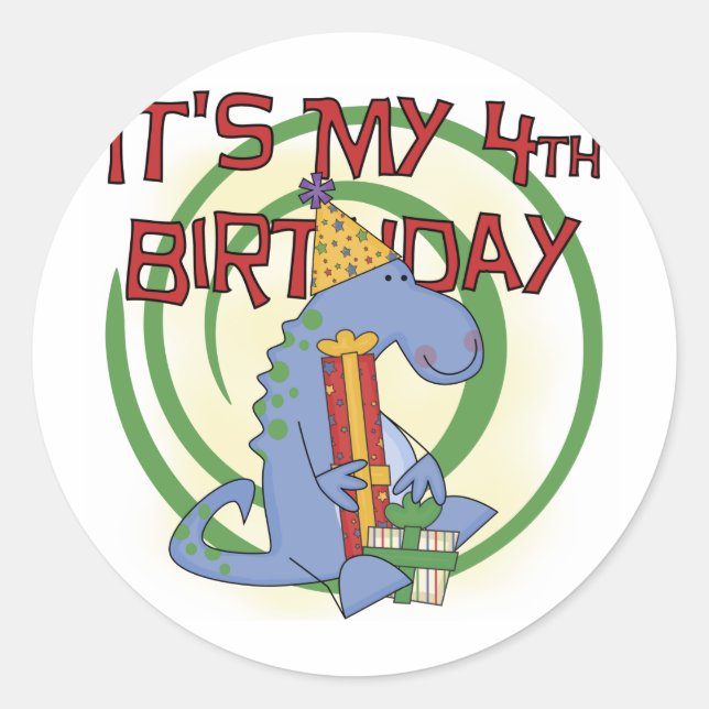 Sticker Rond Dinosaur 4e anniversaire T-shirts et cadeaux (Devant)