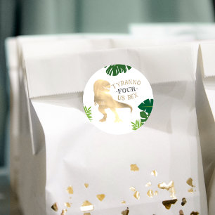 Sticker Rond Dinosaur 4e fête d'anniversaire Gold Tyrannosaurus