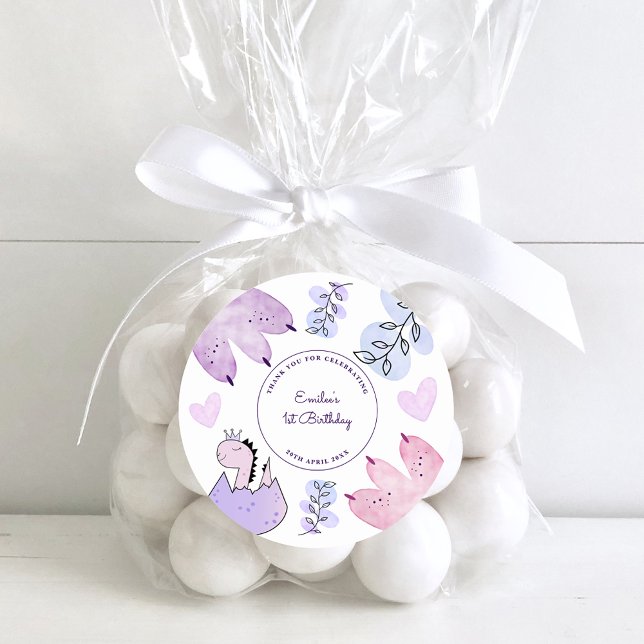 Sticker Rond Dinosaur Anniversaire Pink Purple Merci (Créateur téléchargé)