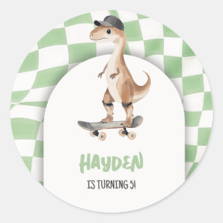 Sticker Rond Dinosaur Anniversaire Retro T Rex À damiers