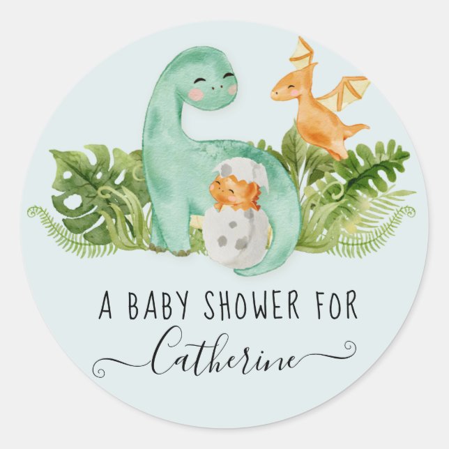Sticker Rond Dinosaur Aquarelle Cute Baby shower Garçon de verd (Devant)