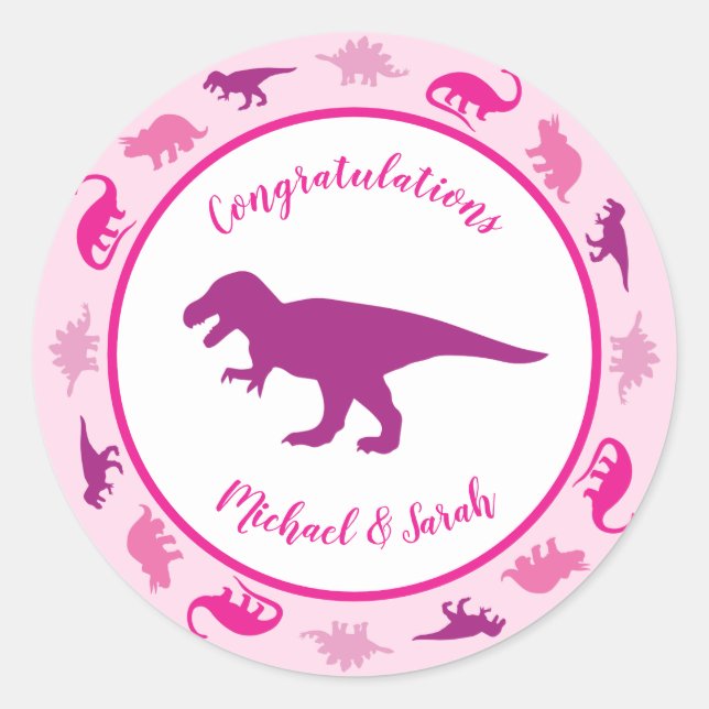 Sticker Rond Dinosaur Baby shower Dino Rose Girl (Devant)