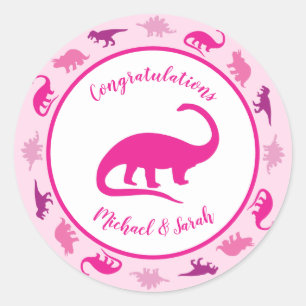 Sticker Rond Dinosaur Baby shower Dino Rose Girl