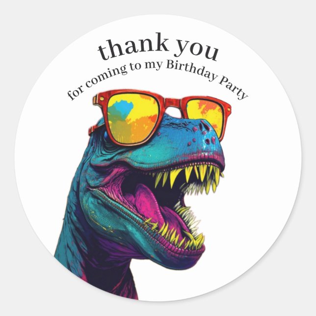 Sticker Rond Dinosaur Bleu Joyeux Merci d'anniversaire (Devant)