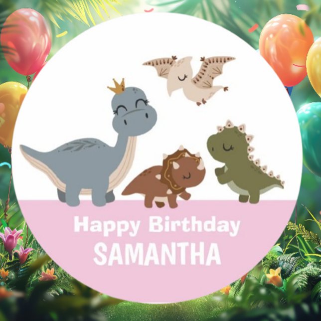 Sticker Rond Dinosaur Boho Rose fête d'anniversaire (Discover adorable pink Boho dinosaur baby stickers that add a playful touch )