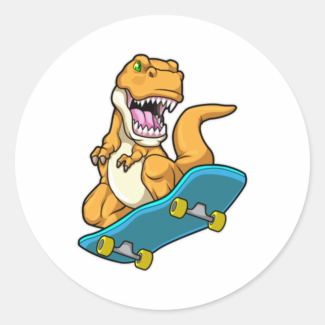 Sticker Rond Dinosaur comme Patineur avec Skateboard (Devant)