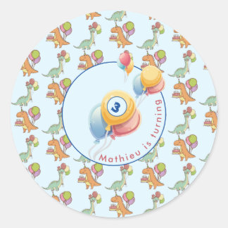 Sticker Rond Dinosaur dino fête anniversaire de enfant bleu drô