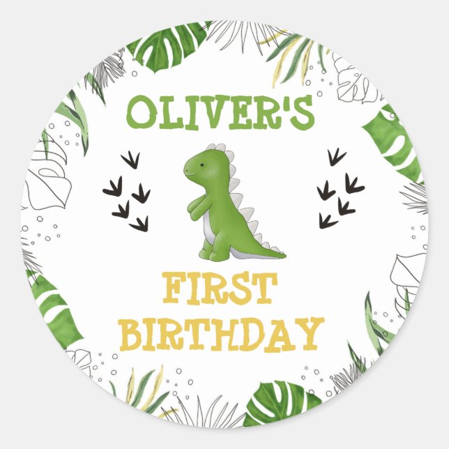 Sticker Rond Dinosaur fête d'anniversaire Garçon Vert Yellow En (Devant)