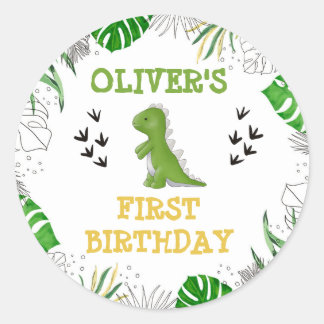 Sticker Rond Dinosaur fête d'anniversaire Garçon Vert Yellow En