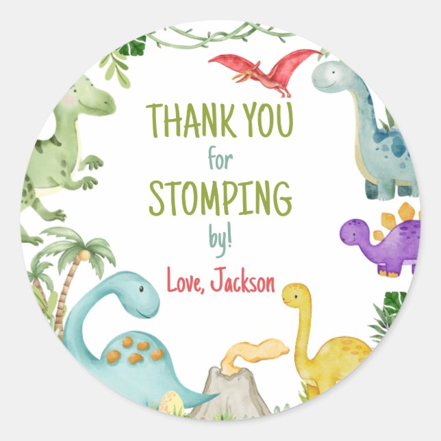 Sticker Rond Dinosaur fête d'anniversaire Merci Stomping By (Devant)