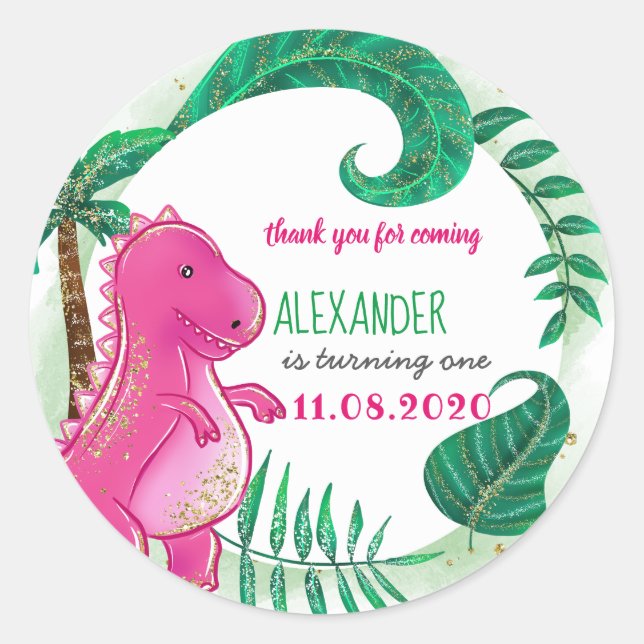 Sticker Rond Dinosaur fête d'anniversaire mignonne T-Rex Merci  (Devant)