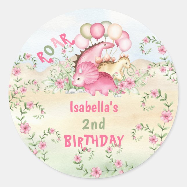 Sticker Rond Dinosaur Girl Pink Pastel Cute Floral 2e anniversa (Devant)