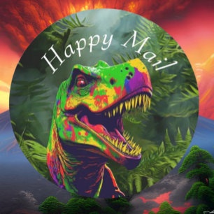 Sticker Rond Dinosaur Jurassic Jungle Happy Mail