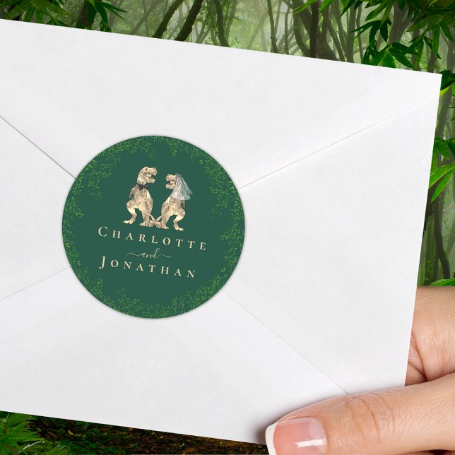 Sticker Rond Dinosaur Mariage Vert Custom (T-Rex dinosaur wedding dark green custom sticker Watercolor eucalyptus foliage dino bride and groom )