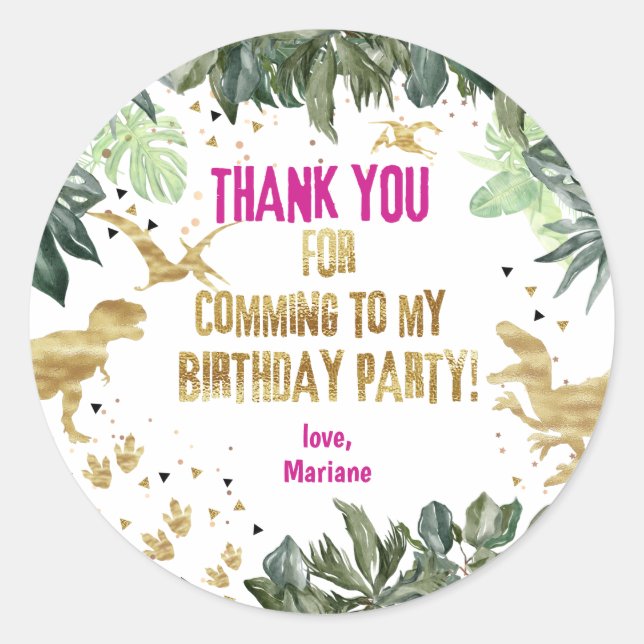 Sticker Rond Dinosaur Merci Favoriser la fille T-rex (Devant)