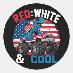 Sticker Rond Dinosaur Monster Truck Dino 4 juillet Drapeau Garç
