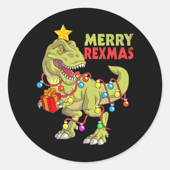 Sticker Rond Dinosaur Noël Joyeux Rexmas Garçons Toddler Dino (Devant)